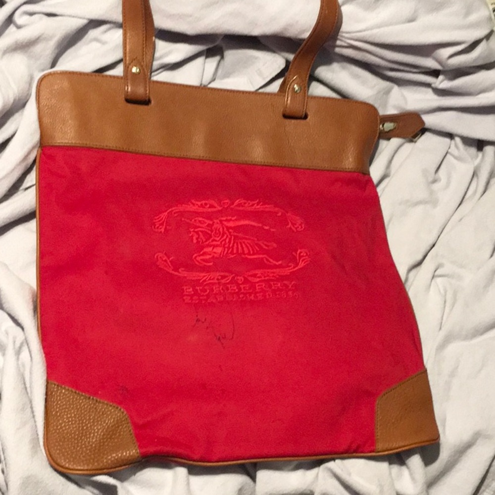 Burberry Red Canvas Leather Trim Tall Tote